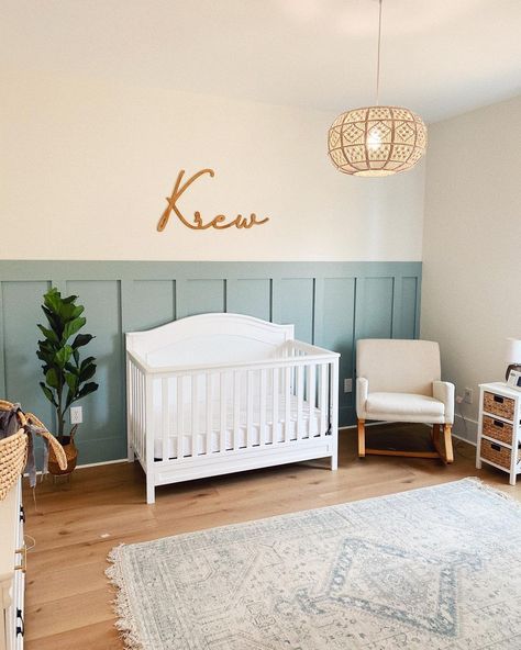 White Crib Boy Nursery, Accent Wall Boys Room, Kids Room Montessori, Modern Farmhouse Nursery, Crib To Toddler Bed, Baby Stuff Ideas, Forest Bedroom, Nursery Accent Wall, White Crib