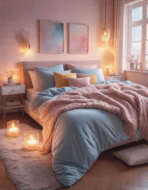 Cozy Bedroom in Pink and Blue Pastel Colors stock photo Light Pink And Light Blue Bedroom, Dusty Rose And Blue Bedroom, Peach And Blue Bedroom Ideas, Pale Blue And Pink Bedroom, Pink Blue Bedding, Blue Pink And Yellow Bedroom, Dusty Pink And Blue Bedroom, Light Blue And Pink Bedroom Ideas, Pink And Blue Boho Bedroom