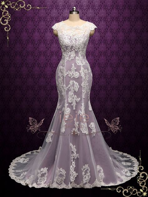 Different Wedding Dress Styles, Champagne Wedding Dress Lace, Mermaid Lace Wedding Dress, How To Dress For A Wedding, Purple Wedding Dress, Wedding Dress Champagne, Purple Mermaid, Vintage Wedding Dress, Fit And Flare Wedding Dress