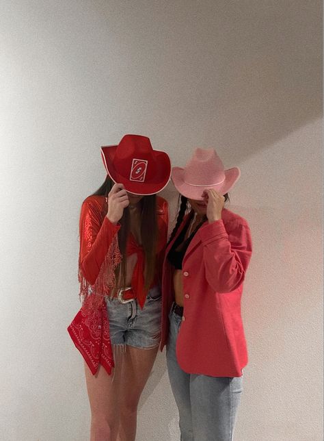 Reverse Cowgirl Costume Uno Card, Red Cowgirl Costume, Red Cowgirl Hat Outfit, Reverse Cowgirl Costume, Red Cowgirl Outfit, Cowgirl Costume Aesthetic, Caw Girl, Cowgirl Hat Outfit, Cowgirl Bachelorette Party Outfits