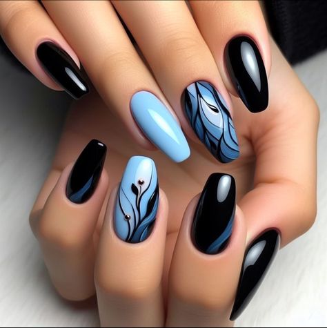 Blue And Black Nails Designs, Blue Nail Art, Geometric Nail, Floral Nail Art, Blue Nail Designs, Her Nails, Blue Nail, Beach Nails, Floral Nails