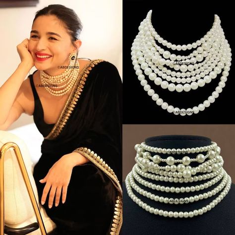 Buy Alia Bhatt Choker, Alia Bhatt Black Velvet Saree Layered Pearl Necklace, Gift for Her, Alia Bhatt Pearl Necklace, Bollywood Indian Necklace Online in India - Etsy Pearl Necklace On Saree, Indian Beaded Necklace, Layered Pearl Necklace Indian, Pearl Necklace With Saree, Latest Pearl Jewellery Designs, Indian Pearl Jewellery, Black Velvet Saree, Latest Pearl Necklace Designs, Pearl Choker Necklace Indian