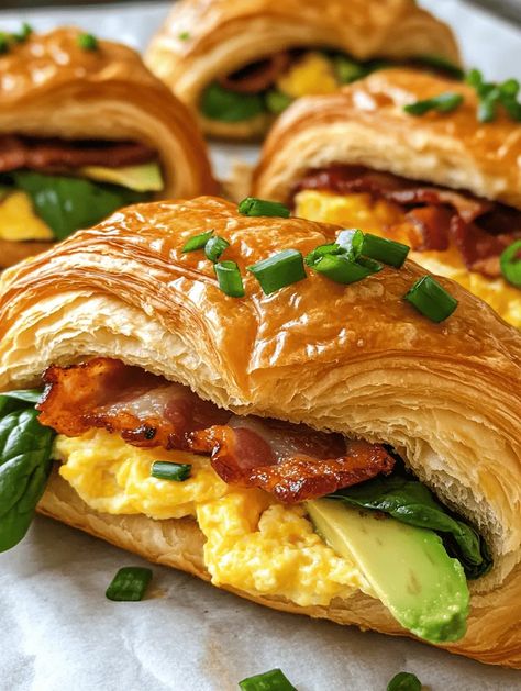 Imagine waking up to the warm, buttery aroma of freshly baked croissants wafting through your kitchen. The Flaky Dreamy Croissant Breakfast Sandwiches are the epitome of a luxurious breakfast. These sandwiches are packed with fluffy scrambled eggs, crispy bacon, creamy avocado, and vibrant spinach, all nestled within the flaky embrace of a buttery croissant. Perfect for weekend brunches or a special breakfast treat, this dish is sure to impress family and friends alike! Avocado Croissant Sandwich, New York Breakfast Sandwich, Croissant Breakfast Sandwich Sausage, Easy Breakfast Ideas With Croissants, Fancy Breakfast Sandwich, Breakfast Cafe Food, Croissant Egg Sandwich, Breakfast Crossiant Ideas, Breakfast Ideas Croissant