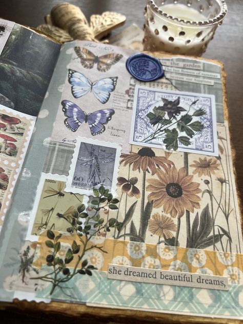 Cottage Core Scrapbook Ideas, Cottagecore Junk Journal, Scrapbook Ideas Nature, Floral Scrapbook Ideas, Colorful Scrapbook Ideas, Art Journal Scrapbook, Junk Scrapbook Ideas, Scrapbook Pages Aesthetic, Creative Journaling Ideas