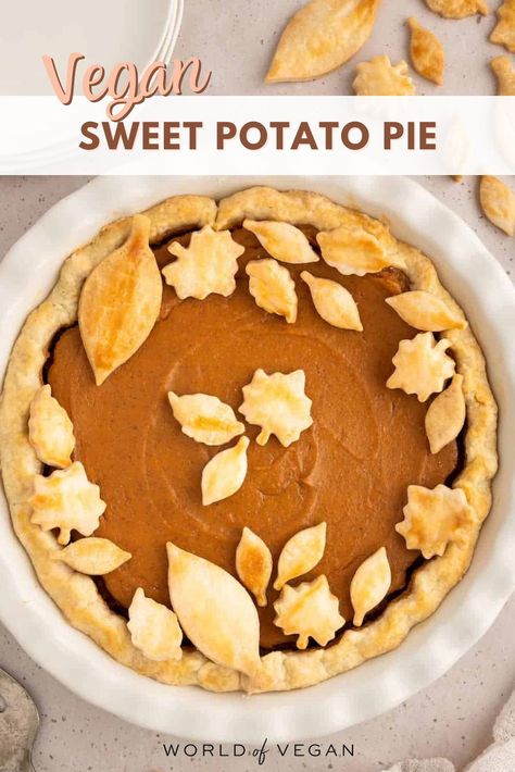 Vegan Sweet Potato Pie Sweet Potato Pie Vegan, Vegan Sweet Potato Pie Recipes, Vegan Sweet Potato Cheesecake, Vegan Sweet Potatoes Recipes, Sweet Potato Pie Cake, Sweet Potato Pie Crust, Vegan Thanksgiving Pie, Vegan Sweet Potato Recipes, Pie Crust Leaves