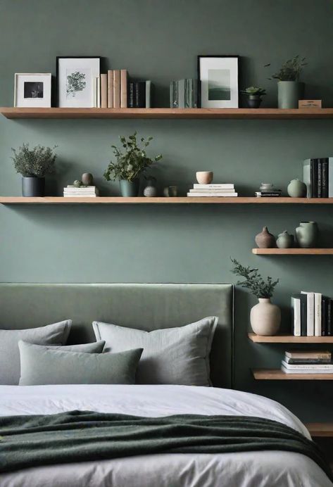 Grey Room With Green Accents, Bedroom Grey Bed Ideas, Bedroom Decor Grey Carpet, Bedroom Grey Carpet, Dark Grey Carpet Bedroom, Green And Grey Bedroom Ideas, Sage Green And Grey Bedroom, Bedroom Ideas Chic, Green And Grey Bedroom