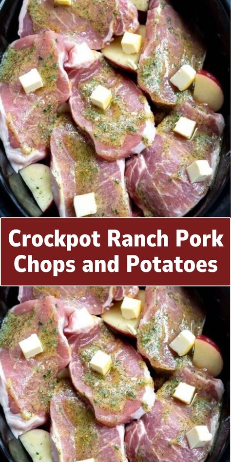 An easy and delicious meal where pork chops and sliced potatoes are cooked in a crockpot with a creamy ranch-flavored sauce, resulting in a tender and flavorful dish. Boneless Pork Chops Crock Pot, Easy Crockpot Pork Chops, Ranch Pork Chops And Potatoes, Crockpot Ranch Pork Chops, Slow Cooker Pork Chops Recipes, Potato Recipes Crockpot, Pork Crock, Ranch Pork Chops Crock Pot, Pork Crockpot Recipes