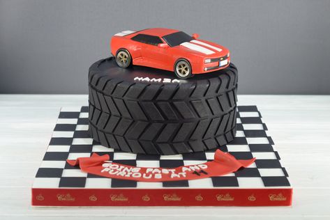 Car Shaped Cakes For Men, Camero Cake Ideas, Tire Cakes For Men, Car Guy Cake Ideas, Super Car Birthday Cake, Sports Car Cake For Men, Rc Car Birthday Cake, Birthday Cake Race Car, Race Cars Birthday Cake