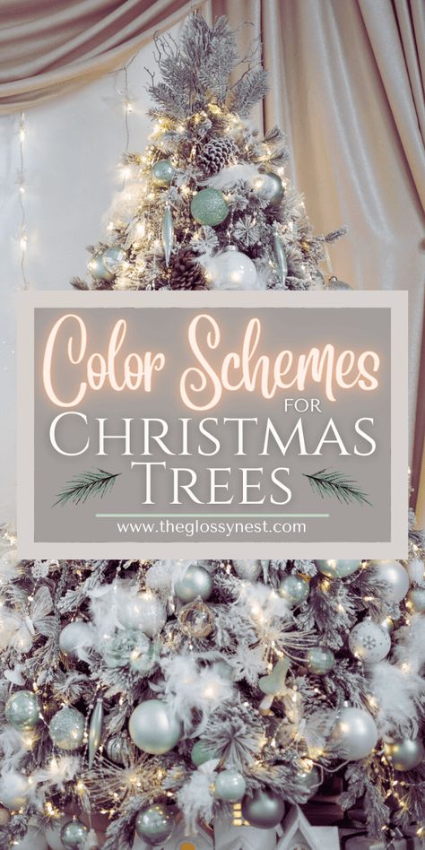 Sage And Navy Christmas Tree, Blue Silver Christmas Trees, Flocked Tree Color Schemes, Pale Green Christmas Decor, White Silver Rose Gold Christmas Tree, Champagne Colored Christmas Tree, Rose Gold And Green Christmas Tree, Champagne And Blue Christmas Tree, Trending Christmas Colors 2024