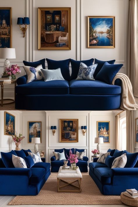 Cozy and Inviting Living Room Design with Navy Blue Elegance Beige And Dark Blue Living Room, Dark Blue And Beige Living Room, Dark Blue Sofa Living Room Ideas, Navy Blue Sofas, Royal Blue Sofa, Welcoming Living Room, Dark Blue Sofa, Beige Wall Colors, Blue Sofas Living Room