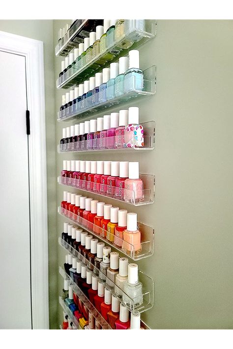 Unique Acrylic Nail Designs, Nail Polish Wall Rack, Theme Nail Art, Nail Polish Stand, Skeletons In The Closet, Nail Organization, Nail Polish Shelf, Nail Polish Display, Nail Polish Holder