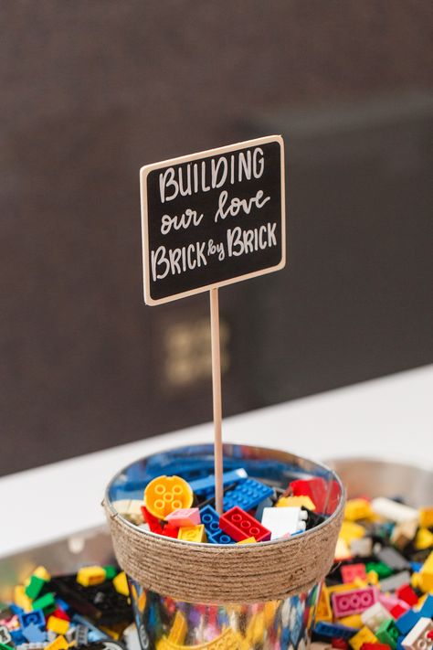 It's easy to get preoccupied by building blocks like Legos—which works in your favor if you're looking for a way to distract little ones. Kids Entertainment Wedding, Kids At Wedding, Wedding Games For Kids, Fun Signage, Kids Table Wedding, Lego Wedding, Kids Wedding Activities, Brick By Brick, Wedding Guest Book Unique