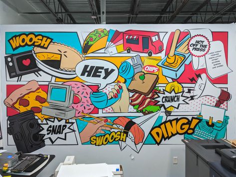 Comic Mural, Graffiti Cafe, Mural Cafe, Office Mural, Mural Art Design, Pop Illustration, School Murals, Custom Wall Murals, Graffiti Murals