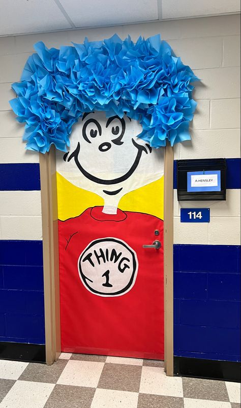 Read Across America Ideas For High School, Dr Suess Read Across America Week, Read Across America Classroom Door, Thing 1 And Thing 2 Door Decorations, Book Week Classroom Doors, Read Across America Door Ideas, Reading Across America Ideas For School, Dr Seuss Doors Classroom, Dr Seuss Decorations School