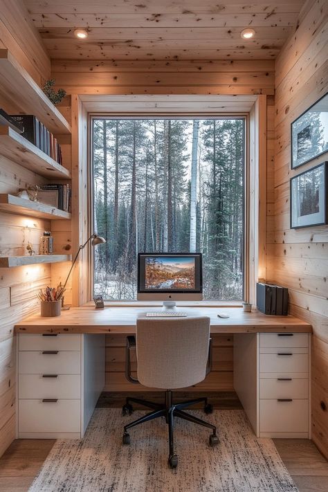 29 Modern Cabin Interior Design Ideas For A Fresh Take On Cabin Living - Courtneys World Modern Cabin Office, Log Cabin Loft, Modern Cabin Interior Design, Cabin Interior Design Ideas, Rv Garages, Modern Cabin Interior, Cabin Office, Cabin Weekend, Cabin Loft