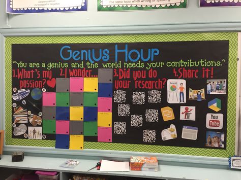 Genius hour interactive bulletin board. Have students post their essential questions under number 2. Have a laptop and lectern for students to put up after their question has been approved. The laptop to show they are in the research step and a lectern to show they are ready to present. #geniushour Enrichment Bulletin Board, Interactive Bulletin Boards High School, Gifted And Talented Bulletin Board Ideas, Interactive Bulletin Board Middle School, Science Interactive Bulletin Boards, Genius Hour Projects, Interactive Bulletin Board, Genius Hour, Stem Lab