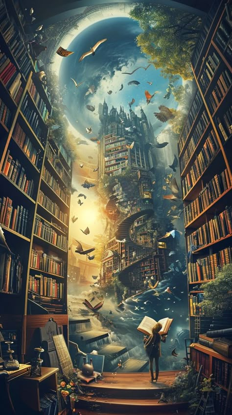 Imaginative Library Escape: A reader finds themselves transported into a fantastical world within the pages of a book. #fantasy #library #reading #adventure #imagination #aiart #aiphoto #stockcake ⬇️ Download and 📝 Prompt 👉 https://ayr.app/l/eqze Fairytale Book Art, Fantasy Book Wallpaper, Fantasy Library Art, Library Fantasy Art, Magical Library Fantasy Art, Magic World Aesthetic, Fantasy Library Aesthetic, Magic Library Aesthetic, Reader Wallpaper