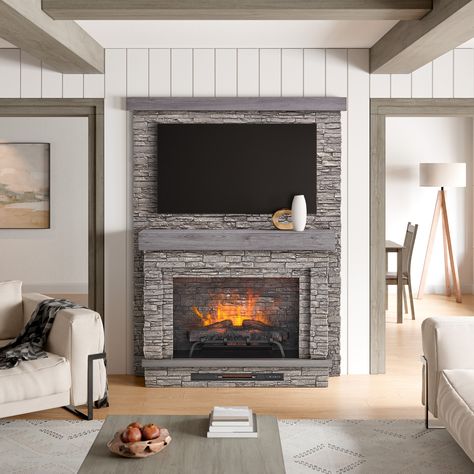 Faux Stone Electric Fireplace, Faux Stacked Stone, Wall Electric Fireplace, Stone Electric Fireplace, Home Is A Feeling, Media Fireplace, Deck Inspiration, Stone Mantel, Electric Fireplace Wall