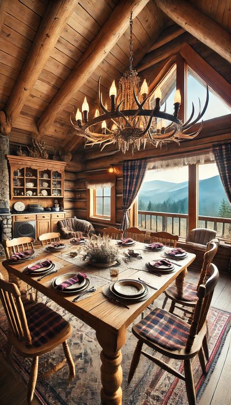 Transform Your Space: 21 Stunning Cabin Decor Ideas That Will Make You Want to Move to the Woods Today! 🌲🔥 Log Cabin Homes Interior Decor, Log Cabin Dining Room, Log Cabin Decorating Ideas, Cabin Chic Decor, Cozy Cabin Living Room, Rustic Cabin Bathroom, Rustic Cabin Bedroom, Large Wooden Table, Cabin Dining Room