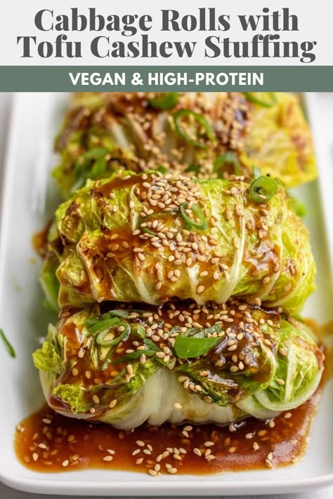 These high protein vegan cabbage rolls are stuffed with a savory sweet tofu cashew filling then served with a flavorful sticky sauce. Chinese Cabbage Rolls, Napa Cabbage Rolls, Tofu Cashew, Sweet Tofu, Stir Fry Tofu, Rice And Fish, Vegan Cabbage Rolls, Fry Tofu, Vegan Cabbage