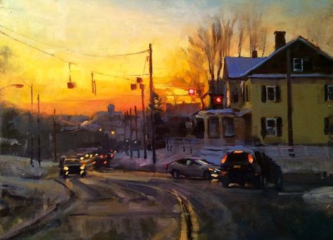 Jay Brooks on Instagram: “Early Morning in Monticello 12x16" oil painting #monticellony #sullivancountyny #oilpainting #art #artoninstagram #845” Landscape Paintings Buildings, Early Morning Painting, Nostalgia Painting, Good Morning Art, Train Painting, Morning Painting, Ap Art, Morning Light, Photo Reference