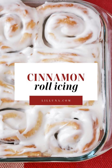 A fluffy cinnamon roll needs its perfect topping! This Cinnamon Roll Icing Recipe has the best texture and the perfect amount of sweetness. #cinnamonrollicing #icingrecipe #frosting #icing #cinnamonrolls Cinnamon Rolls Icing Recipe, Cinnamon Roll Topping, Cinnamon Roll Icing Recipe, Maple Bacon Cinnamon Rolls, Nutella Cinnamon Rolls, Cinnamon Roll Glaze, Sweet Breakfast Casserole, Easy Icing Recipe, Bacon Cinnamon Rolls