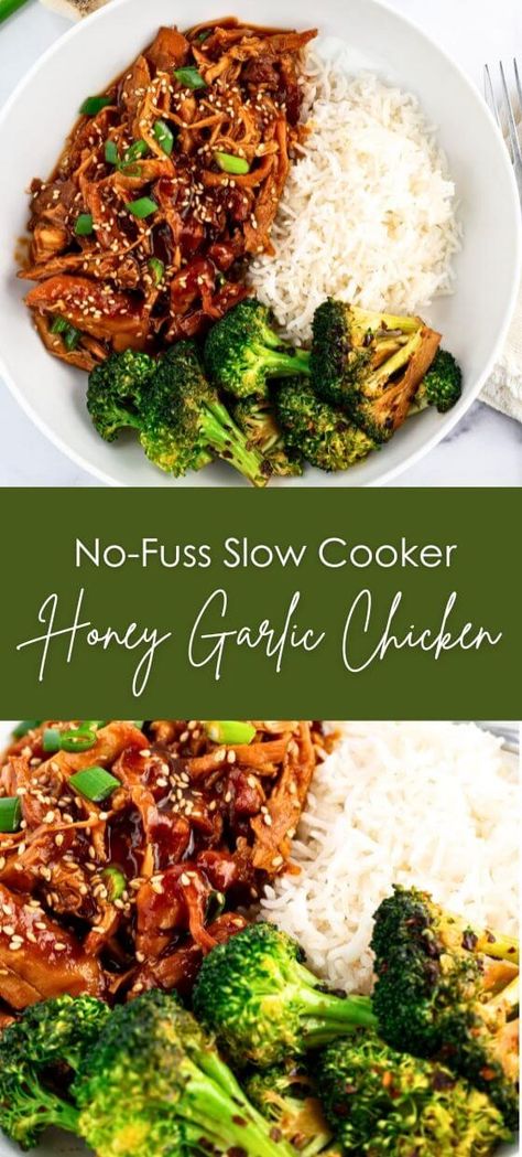 No-Fuss Slow Cooker Honey Garlic Chicken - Yummy and fully Crockpot Recipes One Person, Crockpot Chicken Recipes Honey Garlic, Yummy Crockpot Chicken Recipes, Slow Cooker Chicken Healthy Clean Eating, Honey Ginger Chicken Crockpot, The Best Crockpot Meal, Crock Pot Recipes Chinese Food, Macro Friendly Recipes Slow Cooker, Crockpot Chicken Soy Sauce Honey