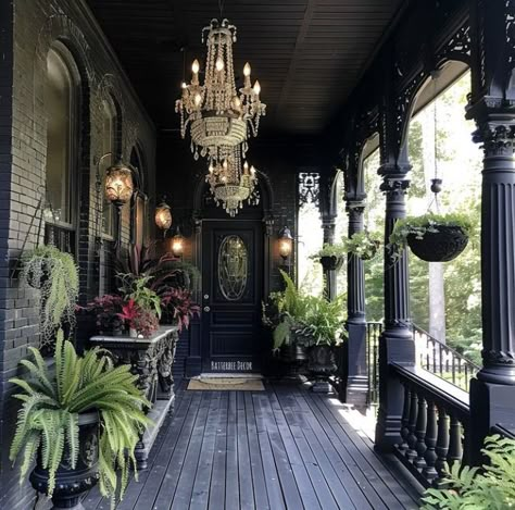 Gothic Porch Ideas, Gothic Porch Decor, Classy Gothic Decor, Gothic Victorian Homes Interior, Gothic Front Porch, Goth Porch, Gothic Foyer, Gothic Yard, Gothic Porch