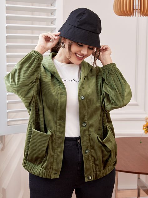 Army Green Casual  Long Sleeve Corduroy Plain Other  Non-Stretch Spring/Fall Plus Size Outerwears Colorful Jacket, Plus Size Jackets, Fall Plus Size, Dream Fashion, Plus Size Coats, Baseball Jacket, Corduroy Jacket, Green Fashion, Coats Jackets Women