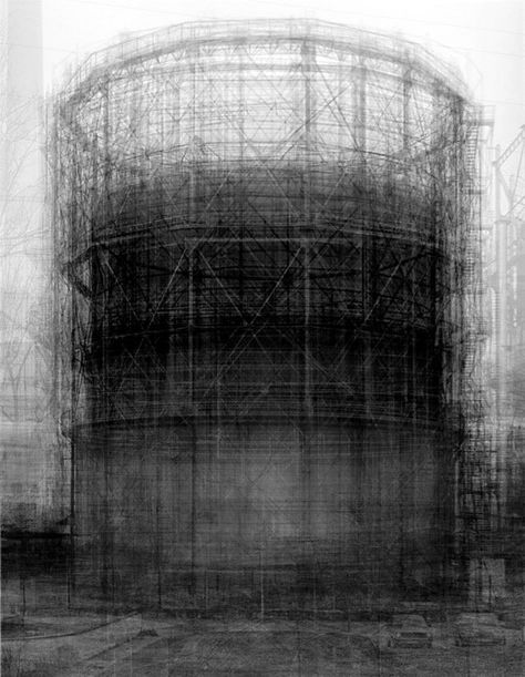 “Homage to Bernd Becher” by Idris Khan (Bromide print, 30 x 34 in, 2007)  #art #photography #architecture Idris Khan, Hilla Becher, Photography Words, Multiple Exposure, Guggenheim Museum, Multiple Images, Industrial Buildings, Contemporary Photography, Scaffolding