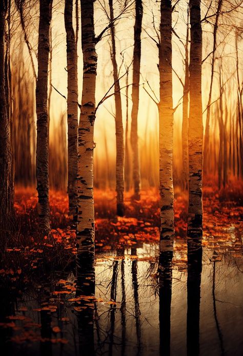 Nature photography, Autumn Birch Trees in a beautiful swamp, dappled sunlight, by Joseph Filer and Jess Lee, cinematic lighting Dappled Light Photography, Thanksgiving Wallpapers, Home Paintings, Film Class, Dappled Sunlight, Fall Scenery, Tree Autumn, White Birch Trees, Autumn Leaves Art