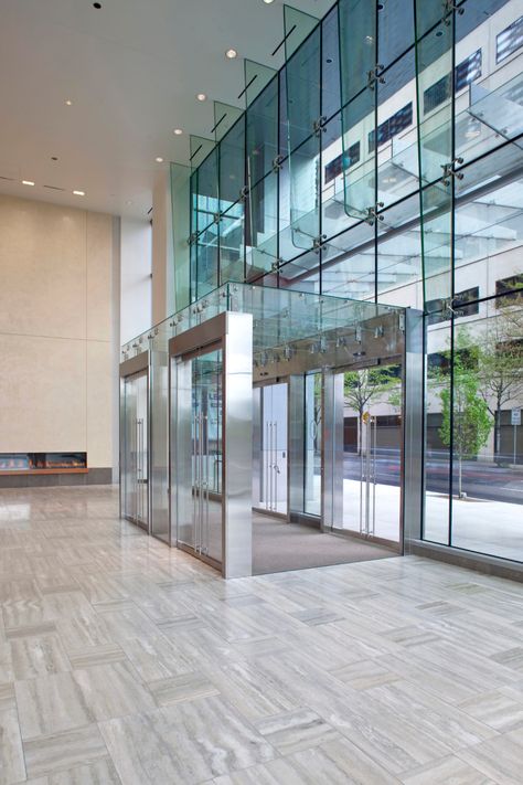 First & Main - Structural Glass Wall Systems, Glass Enclosure | Architectural Glass Projects | Stella Custom Glass Hardware, Inc. Building Entrance Design, Curtain Wall Detail, Glass Wall Systems, Custom Shower Doors, Glass Hardware, Double Glass Doors, Building Entrance, Glass Curtain Wall, Glass Building