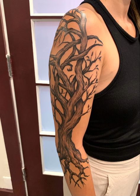 Tree Wrapped Around Arm Tattoo, Mens Tree Arm Tattoo, Tree Branch Arm Tattoo, Tree Roots Tattoo Arm, Bird Arm Tattoo, Forearm Tree Tattoo, Tree Arm Tattoo, Gnarled Tree Tattoo, Tree With Deep Roots Tattoo