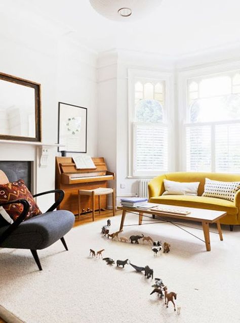 We had fun compiling picture examples of how we recommend decorating around your piano in your home. There are several key do's and don'ts. Read more! Piano Living Rooms, Seattle Living, Yellow Couch, Airy Room, Piano Room, Family Room Design, Music Room, Front Room, Living Room Inspiration