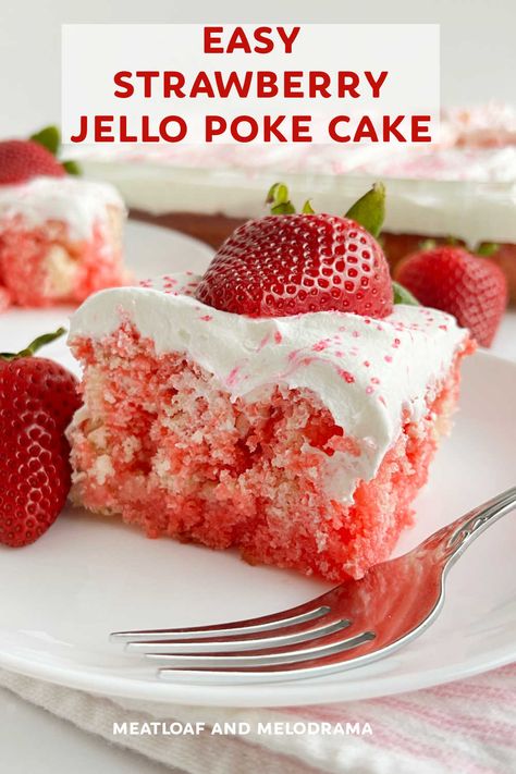 Strawberry Jello Poke Cake recipe is an easy dessert made with white cake mix, strawberry Jello and Cool Whip whipped topping for frosting. Top this delicious cake with fresh strawberries for a simple spring and summer dessert! via @meamel Strawberry Jello Poke Cake, Jello Poke Cake, Poke Cake Jello, Strawberry Poke Cakes, Poke Cake Recipe, Jello Cake, Coconut Dessert, Strawberry Jello, Poke Cake Recipes