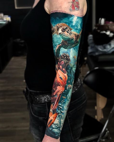 Andrey Stepanov on Instagram: “Underwater sleeve in progress🐢🐠 80% of healed. Done with @fkirons…” Underwater Tattoos, Underwater Sleeve, Sea Tattoo Sleeve, Ocean Sleeve Tattoos, Underwater Tattoo, Ocean Sleeve, Tiki Tattoo, Turtle Tattoos, Ocean Tattoo