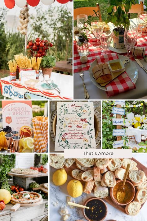 Italian Garden Theme Party, Pasta Engagement Party, Italian Themed Lunch Party, Italian Food Bridal Shower Ideas, Rustic Italian Party Decor, Rustic Italian Party, Pizza Wedding Shower Theme, Italian Festival Party, Italian Wedding Welcome Party