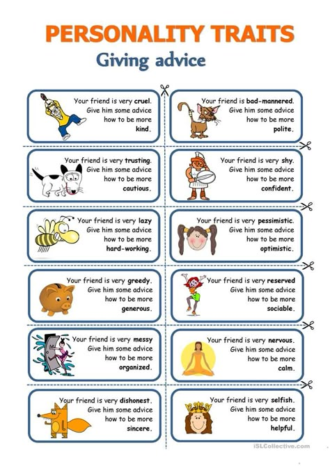 Personality traits - Giving advice - English ESL Worksheets for distance learning and physical classrooms Character Traits Worksheet, Character Trait Lessons, Character Trait Worksheets, Speaking Activities English, Ingles Kids, Character Worksheets, Speaking Cards, Giving Advice, About Character