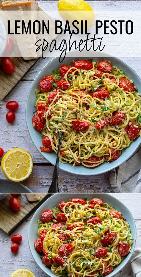 Lemon Basil Pesto Recipe, Cherry Tomato Pesto, Lemon Basil Recipes, Basil Pesto Pasta Recipes, Pesto Dinners, Summer Italian Recipes, Basil Pesto Spaghetti, Pesto Recipes Dinner, Lemon Pesto Pasta