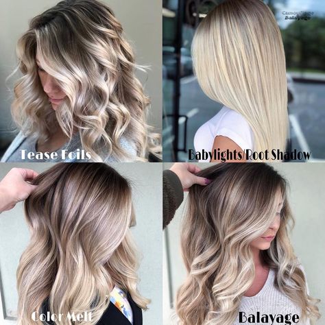 @camouflageandbalayage: Tease Foils & Reverse Balayage: breakup old foil lines, add Depth. Max bright, complete tonal control = no warmth/brass + still rooted/seamless.  *Babylights w/Root Shadow. V bright, little dimension. Root Shadow erases foil lines. Max bright & icy finish. V time consuming.  *Color Melt  Erases foil lines, gives dark to light. Can melt multi colors for seamlessness.  *Balayage  Slowest lightening, very natural looking. Leaves warm transition area. Takes multiple appts. Reverse Balayage, New Hair Ideas, Color Formulas, Hair Color Formulas, Hair Techniques, Hair With Highlights, Hair Color Techniques, Color Techniques, Hair Blog