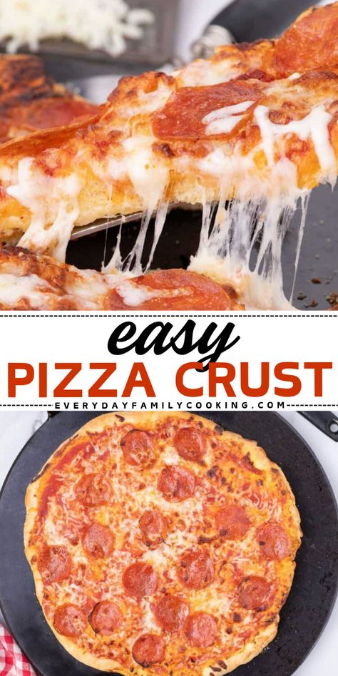 This easy pizza crust recipe makes homemade dough that tastes so much better than takeout! Here's a step-by-step through the whole easy process! Makes 2 12-inch pizzas. Pourable Pizza Crust, Pizza Dough Recipe No Yeast, Pizza Night Ideas, Pizza French Bread, Easy Pizza Crust Recipe, Pizza Hut Dough Recipe, Healthy Vegetarian Pasta, Homemade Pizza Crust Easy, Pizza Crust Recipe Easy