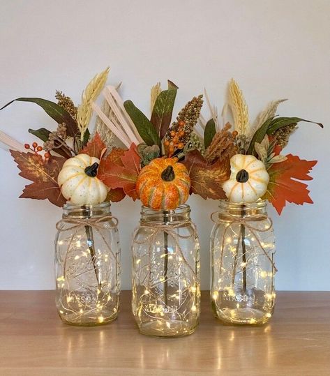 Fall Decor Table Centerpiece for Fall Mason Jar Farmhouse Home Decor Thanksgiving Rustic Home Decor Set of 3 - Etsy Mason Jar Centerpieces For Fall Weddings, Fall Event Decorations, Fall Table Decorations Diy, Fall Baby Shower Table Centerpieces, Fall Party Decor Ideas, Thanksgiving Party Decorations Ideas, Dollar Tree Fall Centerpieces, Fall Dance Decorations, Fall Party Ideas Decoration