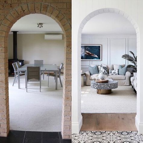 HARD TO BELIEVE IT’S IKEA! — THREE BIRDS RENOVATIONS Painted Brick Wall Interior, Brick Archway, Ethnic Furniture, Interior Brick, Three Birds Renovations, Brick Interior, Brick Arch, House Styling, Arch Interior