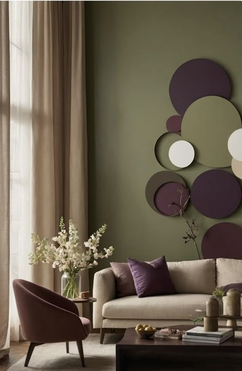 Purple and olive is sexy together! I wouldn’t have thought of that but here it is! Add the neutral drapes and couch….off you go! Colors With Olive Green, Sw Paint Colors, Mauve Living Room, Neutral Drapes, Purple Living Room Ideas, Sage Living Room, Burgundy Living Room, Purple Living Room, Color Palette Living Room