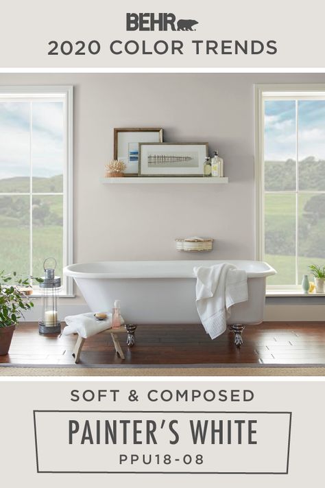 Soak up the farmhouse style of this light beige wall, featured in this beautiful bathroom. You can easily recreate this look with BEHR® Paint in Painter’s White, from the 2020 Color Trends Palette. This soft and composed shade pairs well with other neutrals and also serves as a blank canvas for additional accent tones. Click below for more color details to learn more. Adobe Sand, Trending Bathroom Colors, Indoor Paint Colors, Farmhouse Paint Colors Interior, Color Spotlight, White Bathroom Paint, Owners Suite, Behr Colors, Sunset Drive