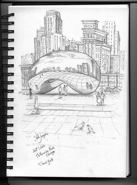 Art Title Page, Color Pencil Ideas, Best Sketches, Chicago Bean, Chicago Buildings, Building Sketch, Visit Chicago, Sketch Watercolor, Building Drawing