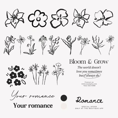 Dainty Flower Illustration, Botanical Flower Illustration, Hand Drawn Flowers Simple, Gardening Graphic Design, Flower Shop Business Card, Botanical Graphic Design, Journal Graphic Design, Logo With Flowers, Flowers Graphic Design