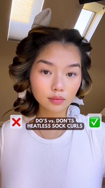 Alxandra on Instagram: "DO’S versus DON’TS for heatless curls! 💇🏻‍♀️ I see a lot of comments on the socks unraveling so this is how I do it to fix that problem 🥰 #heatlesscurls #overnightcurls #noheatcurls" Diy Heatless Curls Medium Hair, Curl Hair Sock, How To Do Heartless Curls With Sock, Heatless Curls Dry Hair, Curly Hair Sock No Heat Curl, Curls With Socks Short Hair, Heatless Curls Overnight Short Hair Socks, No Heat Hair Curling, Heartless Curls For Shoulder Length Hair