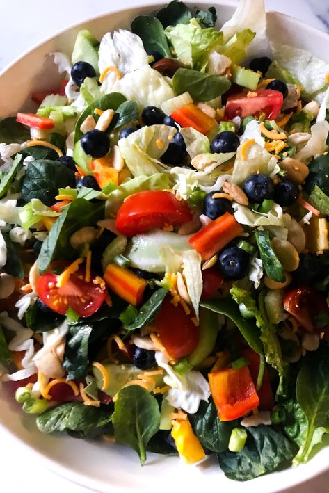 Every Super Bowl Buffet needs a big, healthy salad to round out the meal. This Kitchen Sink Salad recipe has every fruit and vegetable in it and tastes fabulous. Kitchen Sink Salad, Super Bowl Menu, Fun Salads, Coleslaw Mix, Turkey Sausage, Crumbled Bacon, Super Bowl Food, Healthy Salad, A Concept