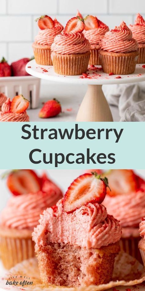 Best Strawberry Cupcakes, Homemade Strawberry Frosting, Strawberry Cupcake Recipe, Fresh Strawberry Cupcakes, Cake Shooters, Strawberry Cupcake Recipes, Live Well Bake Often, Strawberry Cream Cheese Frosting, Cheesecake Oreo